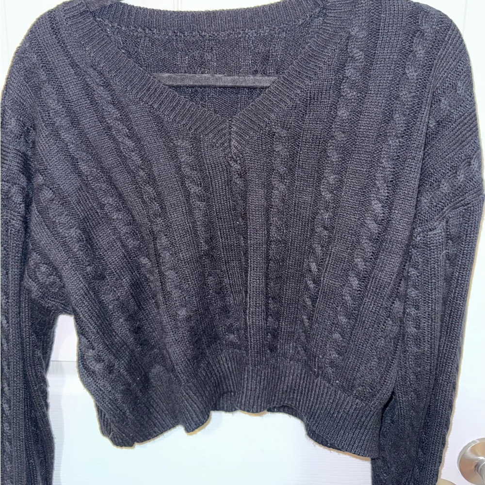 SHEIN Cable Knit V-Neck Sweater - Charcoal Gray